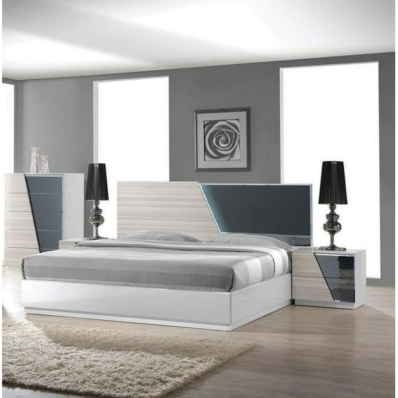 2PC Lacquer Finish Wood Bedroom Set, Eastern King Size Bed with Nightstand, LED Lighting, White/Gray