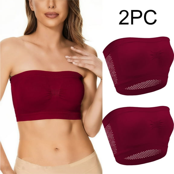 BLTIBY 2PC Women's Bandeau Bra with Non Slip Liner Strapless Sports Seamless Tube Underwear Solid Color Breathable Bralette with Support Wine XXL