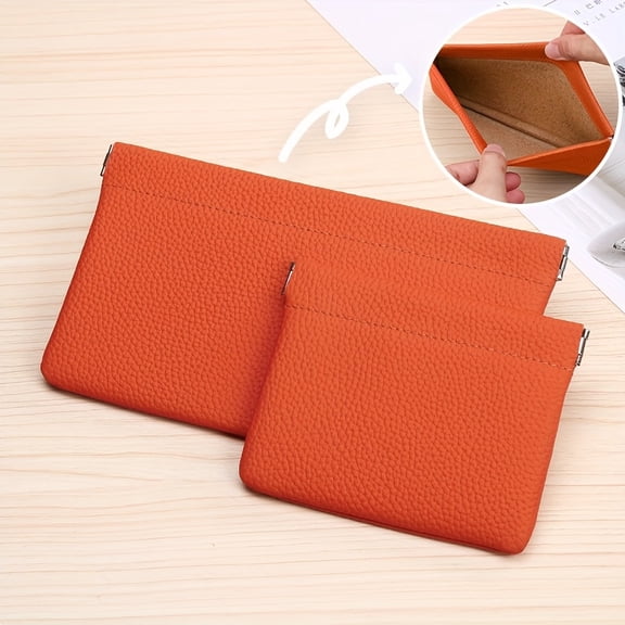 2PC Large and Small Set Women's Genuine Leather Long Wallet, Makeup Bag, Coin Purse, Organizer, Clutch with Earphone Cable and Coin Slot, Automatic Snap Closure, Neutral Color, Unisex, Minimalist
