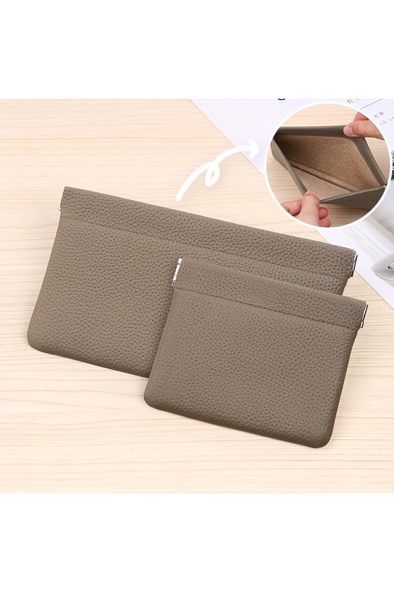 2PC Large and Small Set Women's Genuine Leather Long Wallet, Makeup Bag, Coin Purse, Organizer, Clutch with Earphone Cable and Coin Slot, Automatic Snap Closure, Neutral Color, Unisex, Minimalist
