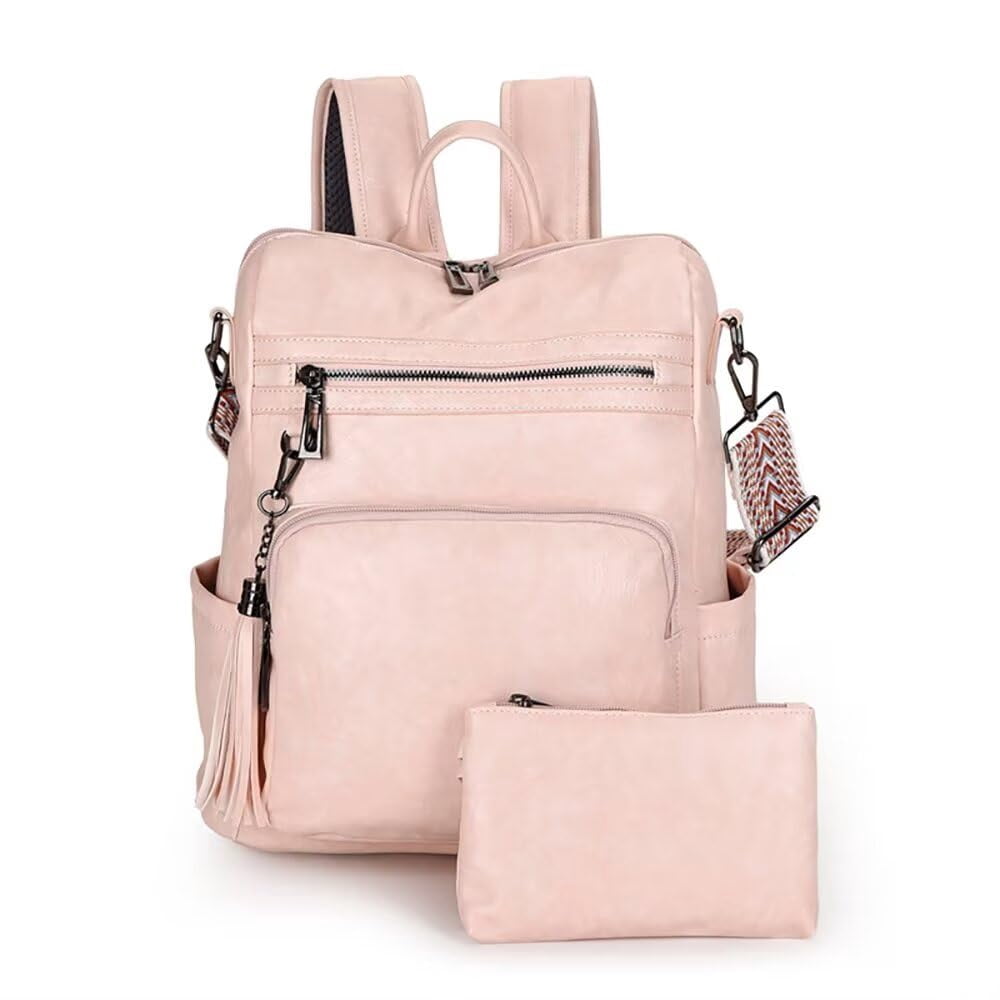 anti theft pink leather backpack 2PC Leather Backpack with Mini Purse for Women Anti-theft Vintage Vegan  Boho Fashion Rucksack Cute Ladies Casual Waterproof Shoulder Daypack Bags  with Guitar Strap for Travel Work,Large,Pink