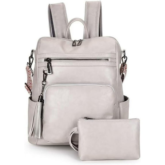 2PC Leather Backpack with Mini Purse for Women Anti-theft Vintage Vegan Boho Fashion Rucksack Cute Ladies Casual Waterproof Shoulder Daypack Bags with Guitar Strap for Travel Work,Large,Grey
