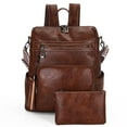 thumbnail image 1 of 2PC Leather Backpack with Mini Purse for Women Anti-theft Vintage Vegan Boho Fashion Rucksack Cute Ladies Casual Waterproof Shoulder Daypack Bags with Guitar Strap for Travel Work,Large,Brown, 1 of 6