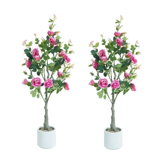 2PC Lifelike & Maintenance-Free Artificial Rose Flower Tree – Faux Silk Leaves & Realistic Blooms, Decorative Plant in White Pot