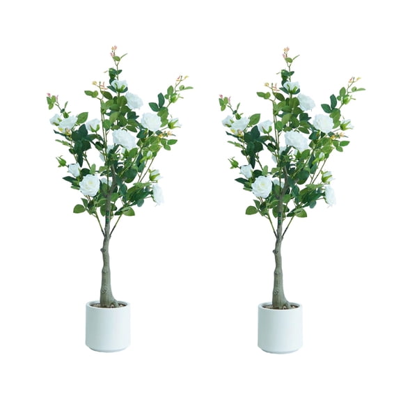 2PC Lifelike & Maintenance-Free Artificial Rose Flower Tree – Faux Silk Leaves & Realistic Blooms, Decorative Plant in White Pot
