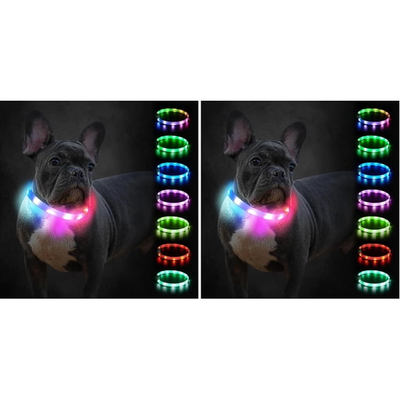 2PC Light Up Dog Collar, Rainproof and Rechargeable LED, 9 Flashing Modes, Glow for Night Walking, Cuttable Soft Silicone Collar for Large Medium Small Dogs, 27.5 Inch