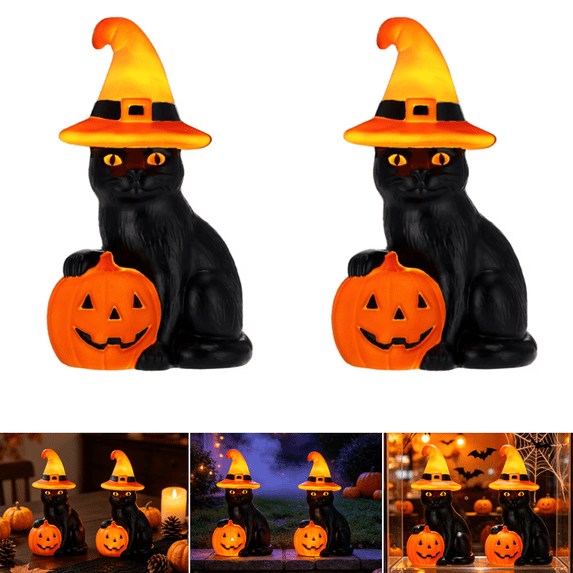 2PC Light-Up Pumpkin Cat Blow Mold Outdoor Decoration, Orange and Black