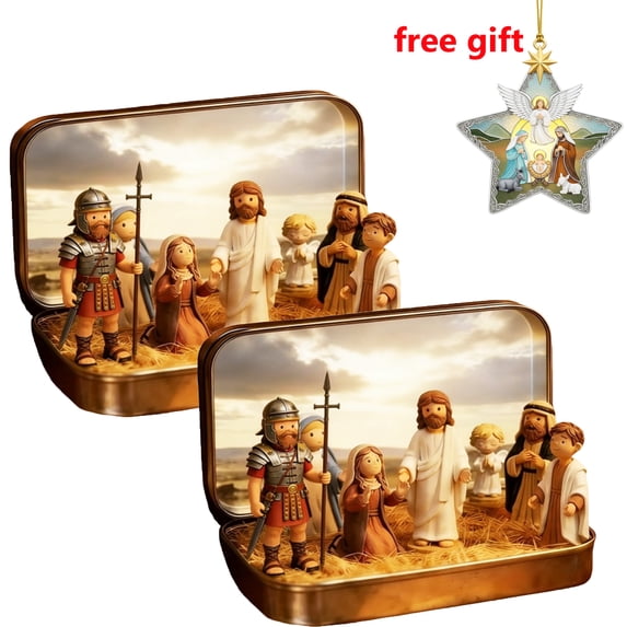 2PC Little Saints in a Tin, Mini Easter Jesus Classic Scenes, Miniature Easter Crucifixion & Resurrection Scene in a Tin Box, Pocket Resin Nativity Sets & Figures, for Religious Home