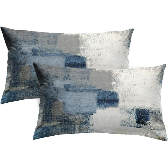 2PC Lumbar Decor Throw Pillow Covers Blue and Grey Cushions Rectangle Design Abstract Art Painting Style Modern Contemporary Home Decorative Cushion Pillow Cases 12" x 20" Pillowcases