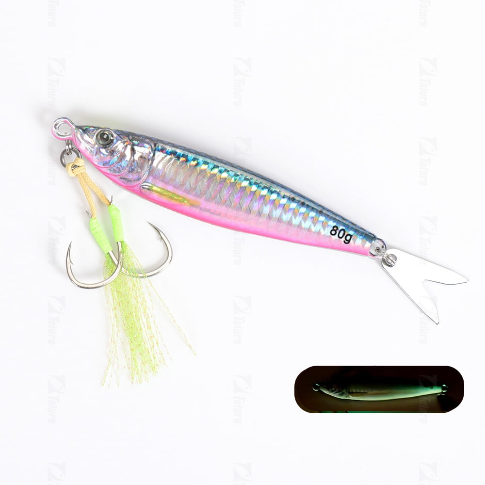 2PC Luminous Fishing Lures Jigs 40g/60g/80g Jigging Baits with Spoon and Hooks