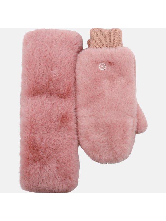 2pc Set Faux Fur Pop Top Mitten And Faux Fur Heandband, Pink