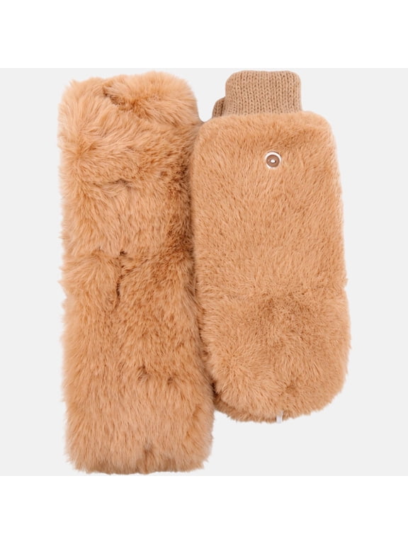 2pc Set Faux Fur Pop Top Mitten And Faux Fur Heandband, Tan
