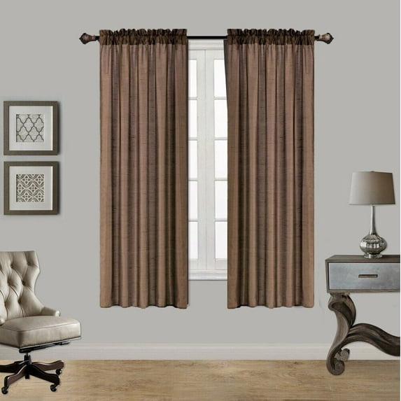 2PC MR2 BROWN SOLID SILK SEMI SHEER ROD POCKET WINDOW CURTAIN PANEL LIGHT FILTERING 55" W X 63" L EACH PC
