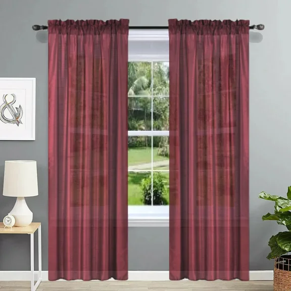Gorgeous Home Linen 2PC MR2 Burgundy Solid Color Faux Silk Semisheer See Through Rod pocket Window Curtain Panels 55" Wide X 95" Long Each pc