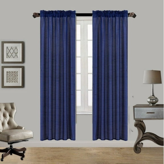 2PC MR2 NAVY BLUE SOLID SILK SEMI SHEER ROD POCKET WINDOW CURTAIN PANEL LIGHT FILTERING 55" W X 84" L EACH PC