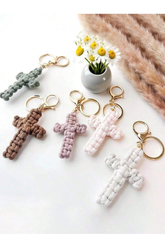 2PC Macrame Cross Keychain Cross Keychain Jesus Key Chain Christian Car Keychain Bag Charm Handmade Woven Soft Cross Keyring Bohemian Decor,Blue and Pink