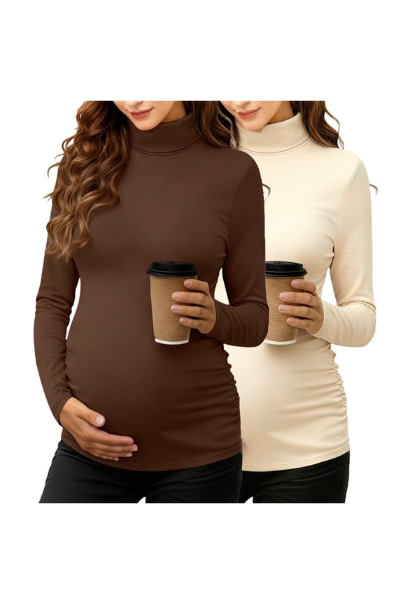 2PC Maternity Turtleneck Long Sleeve Shirts Fleece Lined Basic Layering Slim Fit Pregnancy Thermal Underwear Tops Beige M
