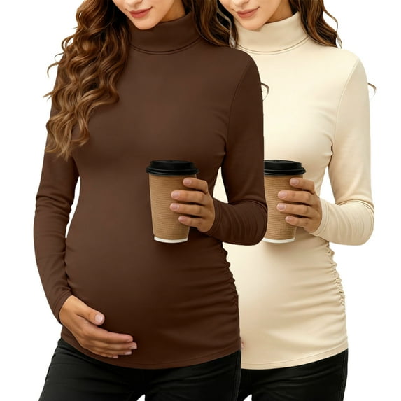 2PC Maternity Turtleneck Long Sleeve Shirts Fleece Lined Basic Layering Slim Fit Pregnancy Thermal Underwear Tops Beige XXXL