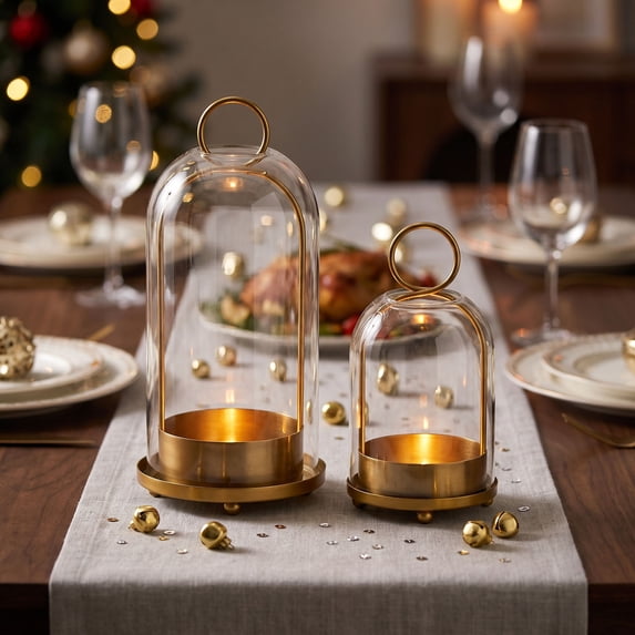 2PC Metal Frame Glass Cloche Candle Holders With Hanging Hooks Vintage Jar Candle Display Decorative Candle Cloche For Christmas Birthday Wedding Table Decor