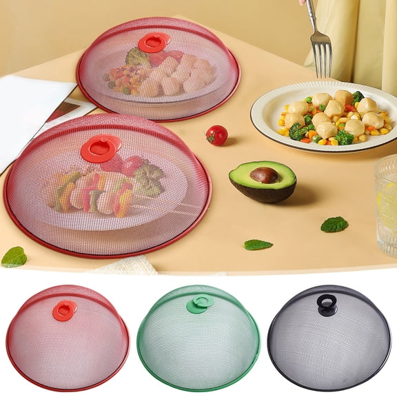 2PC Metal Mesh Screen Food Cover with Handle, 11 inch Round, Reusable Food Dome Cover Mesh Net Protector for Fruit Picnic Camping Kitchen Indoor Outdoor, Keeping Out Fly(Pink)