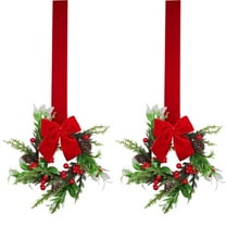 2PC Mini Christmas Wreaths For Cabinets,Small Christmas Wreath With Red Velvet Ribbon,Pine Cones&Berries,Small Artificial Pine Cabinet Rings,Mini Wreaths For Cabinets Window Fireplace Holiday Door
