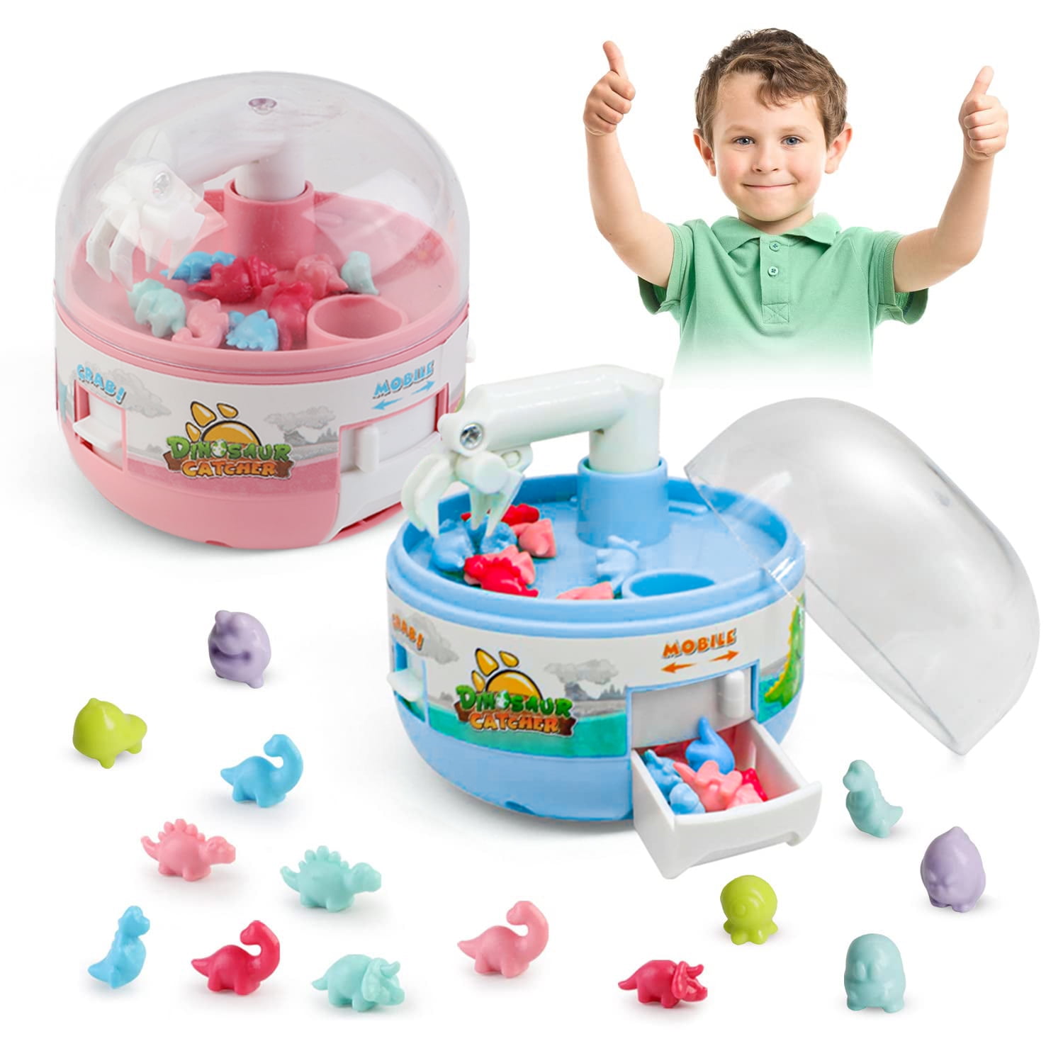2PC Mini Claw Machine Toys for Kids Adults Blue & Pink with Tiny Dinosaur Figures Claw Machine