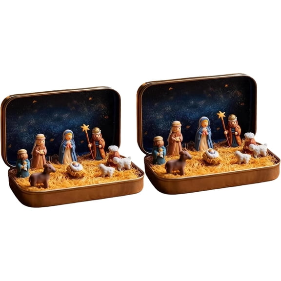 2PC Mini Nativity Set - Resin Figurines Tin Box