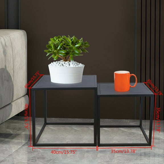 2PC Modern Metal Square Tray Coffee Table End Table Side Table Matte Black Plate