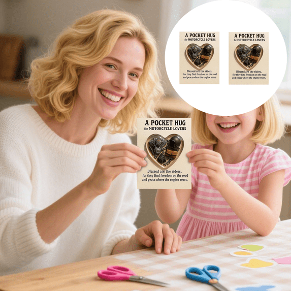 2PC Motorcycle Lover's Pocket Hug Keepsake, Pocket Gift Card, Heart Clear Resin Memorial Token, Pocket Token Pocket Hugs Cards Blessing Quote