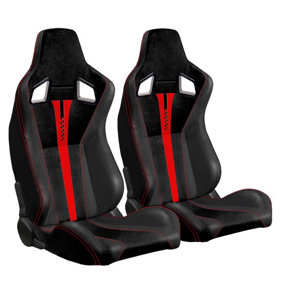 2PC New Universal Bucket Racing Seats Red Stitch Red PVC Leather Reclinable Carbon Look Leather Back With Adjustor Slider(Not Including Seat Bracket ) 1 box of 2 pieces