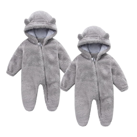 2PC Newborn Baby Bear Ear Snowsuit Clothes Fuzzy Hooded Footies Onesie Jumpsuit Boys Girls Soft Zip Up Romper Coat 0-12Months
