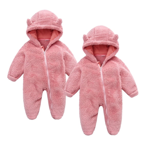 2PC Newborn Baby Bear Ear Snowsuit Clothes Fuzzy Hooded Footies Onesie Jumpsuit Boys Girls Soft Zip Up Romper Coat 0-12Months