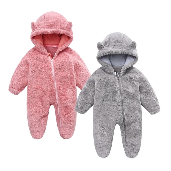 2PC Newborn Baby Bear Outfit With Fold-Over Footies,Infant Girls Boys Fleece Jumpsuit Romper Hooded Winter Snowsuit Clothes for Twins 0-18M