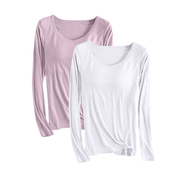 2PC Night Clothes for Women Pajama Tops for Women Soft Comfy Pajamas Women's Color Household Clothes with Chest Pads T-Shirt Long Sleeved Pajama Comfortable Base for External Wear Round Neck