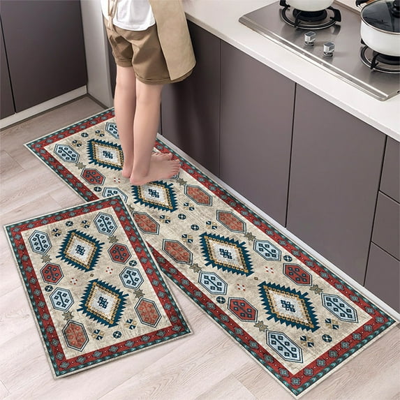 2PC Non Slip Absorbent Bathroom Mat, Large Absorbent Kitchen Rug Set, Anti Fatigue Bathroom Mats with Stain Resistant Design, Durable Floor Mats for Sink and Stove Areas, Machine Washable Multicolor