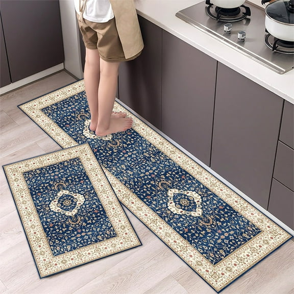 2PC Non Slip Absorbent Bathroom Mat, Large Absorbent Kitchen Rug Set, Anti Fatigue Bathroom Mats with Stain Resistant Design, Durable Floor Mats for Sink and Stove Areas, Machine Washable Multicolor