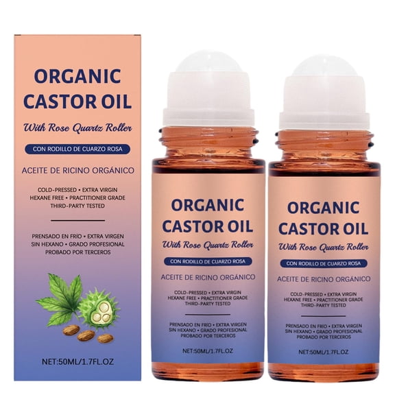 2PC Organic Castor Oil with Rose Quartz Roller, 100% Pure Cold-Pressed, Organic Castor Oil Roll On Rose Quartz, Hexane-Free,Amber Glass Bottle for Skin