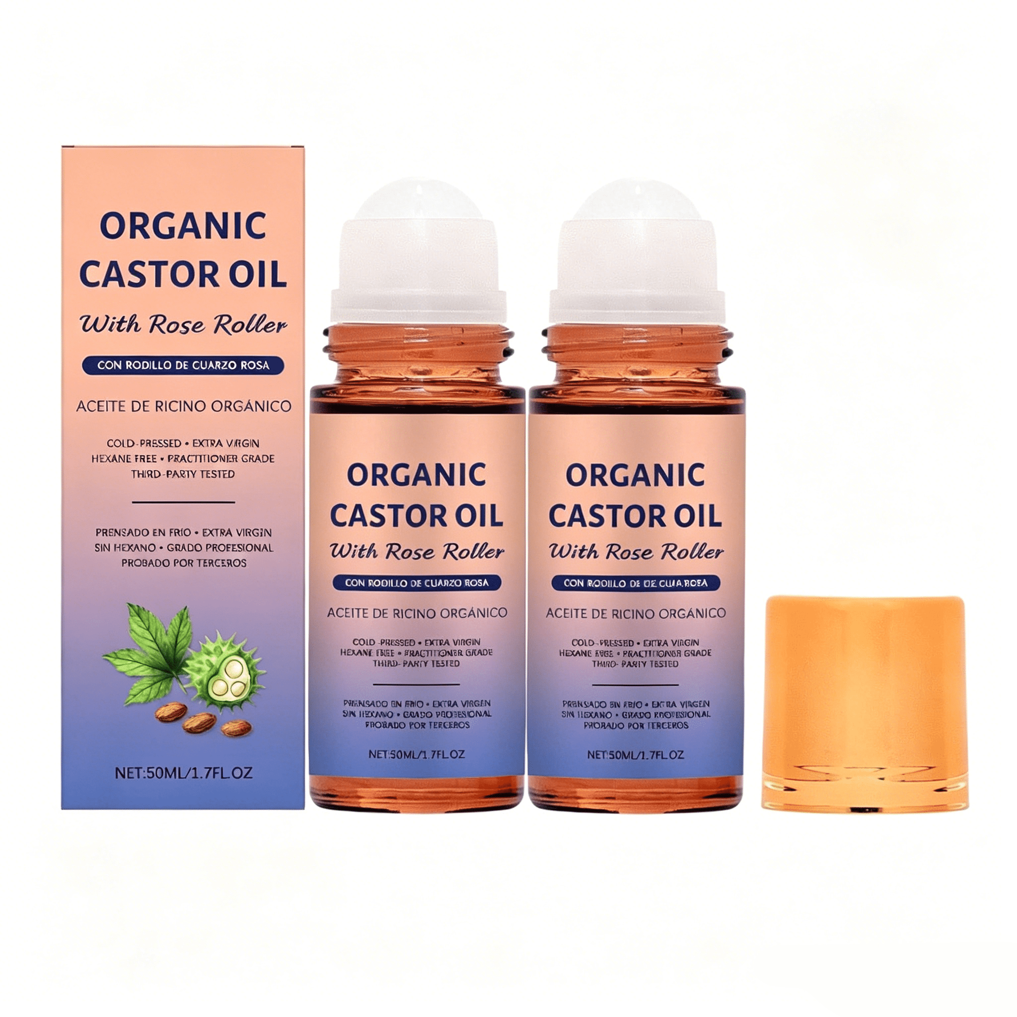2PC Organic Castor Oil with Rose  Roller, 100% Pure Cold-Pressed, Organic Castor Oil Roll On Rose , Hexane-Free,Amber Glass Bottle for Skin