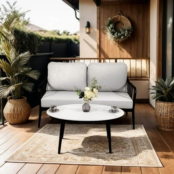 2PC Outdoor Aluminum Patio Furniture, Modern Loveseat Sofa Conversation/Chat Set, Sunbrella Cushions and Oval Coffee Table with White Carrara Marble-Look Sintered Stone Top, Ember Black