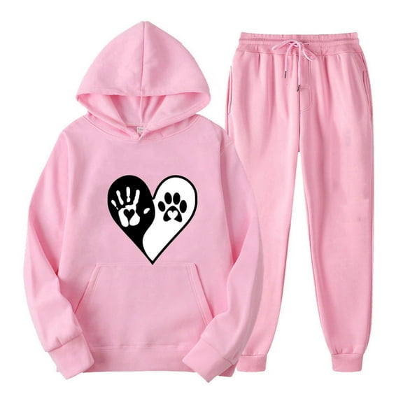 2PC Outfits Men Women Sportwear Tracksuits Long Sleeve Print Pullover Hoodies Sweatshirt And Sweatpants Fall Winter Casual Set with Pockets,Pink 2,L