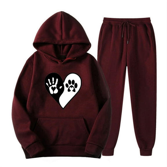 2PC Outfits Men Women Sportwear Tracksuits Long Sleeve Print Pullover Hoodies Sweatshirt And Sweatpants Fall Winter Casual Set with Pockets,Wine 2,S