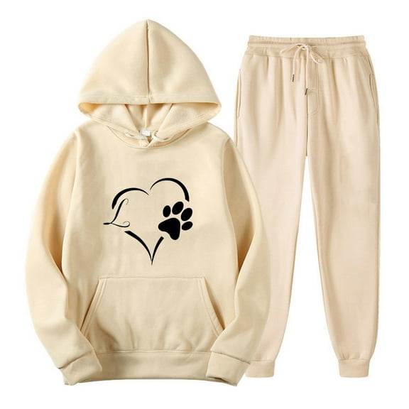 2PC Outfits Men Women Sportwear Tracksuits Long Sleeve Print Pullover Hoodies Sweatshirt And Sweatpants Fall Winter Casual Set with Pockets,Beige 4,2XL