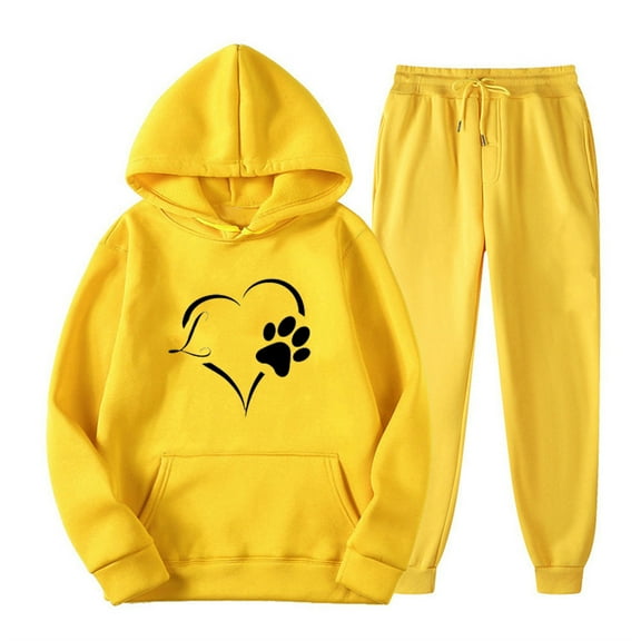 2PC Outfits Men Women Sportwear Tracksuits Long Sleeve Print Pullover Hoodies Sweatshirt And Sweatpants Fall Winter Casual Set with Pockets,Yellow 4,S