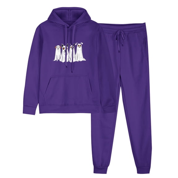 2PC Outfits Men Women Tracksuits Long Sleeve Print Pullover Hoodies Sweatshirt Sweatpants Casual Loose Sports Set with Pockets,Purple 1,S