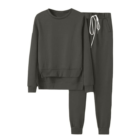 2PC Outfits Women Tracksuits Long Sleeve Solid Color Pullover Hoodies Sweatshirt And Sweatpants Casual Sports Set,Dark Gray,L