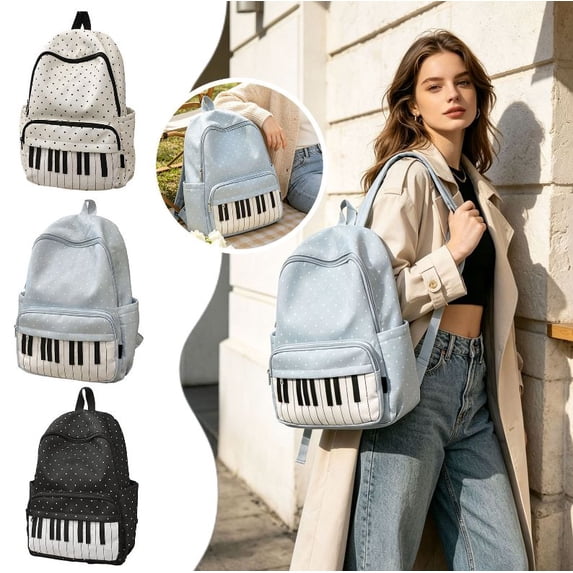 2PC Piano Backpack Whimsical Twee Backpack with Polka Dot Pattern Cute Bookbag Medium Daypack Cutecore Supplies for Campus Daily Commute Work Travel