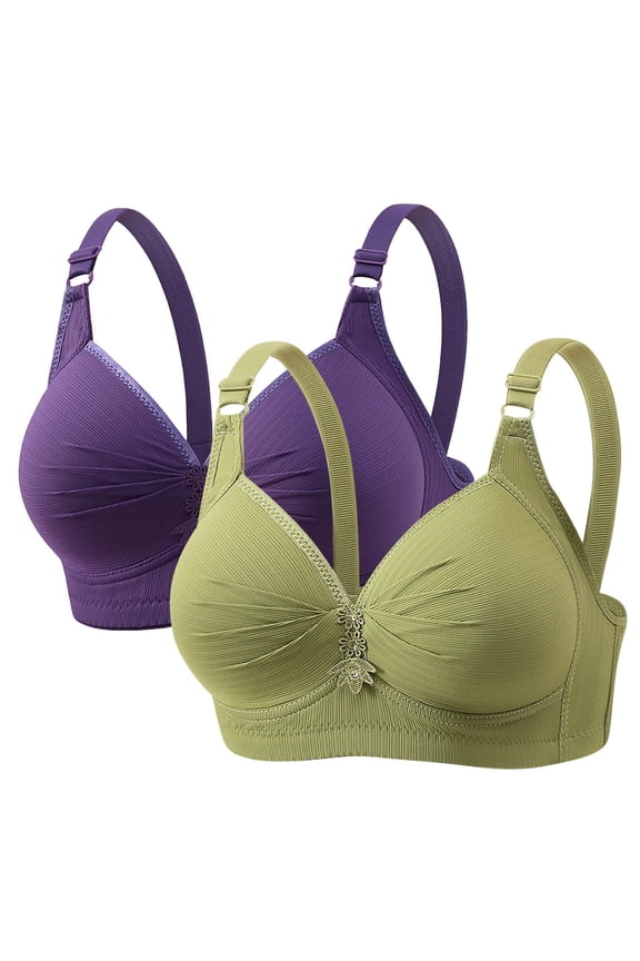 2PC Plus Size Bra for Women Wireless Full Coverage No Underwire Support Bra Adjustable Straps Everyday Bralette Purple 42