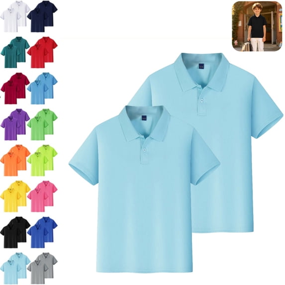2PC Polo Shirts Kids School Uniform Relaxed Fit Back To School Short Sleeve Button-Up Tee Shirts Comfort Solid Color Pullover for Boys & Girls Light Blue 9-10 Years