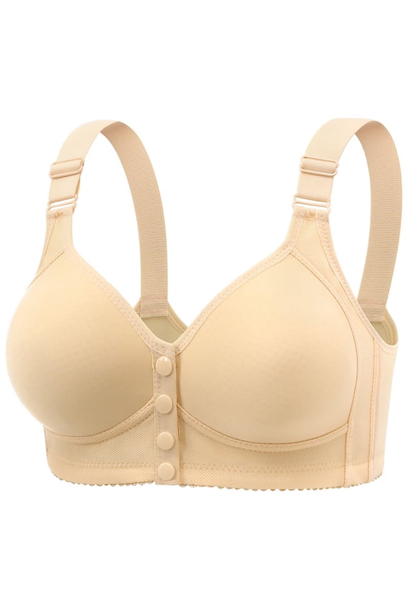 2PC Push Up Bra Thin Walled Fixed Cup Front Opening Elderly Foldable Triangle Bralette,Beige,38