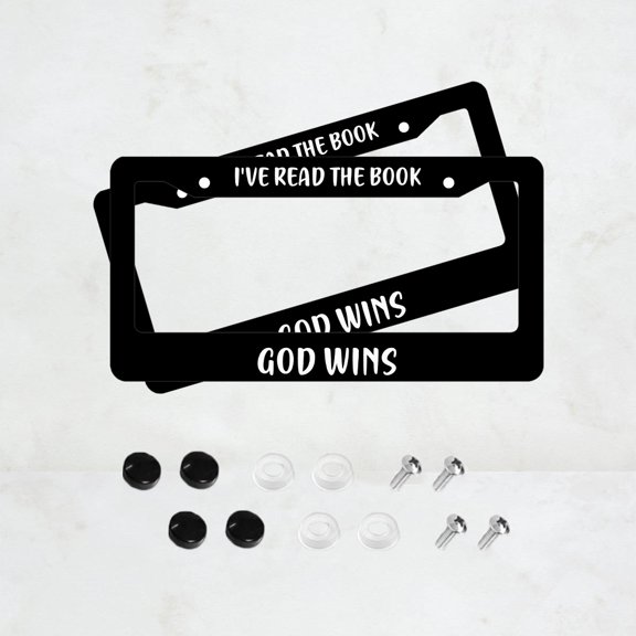2PC I've Read The Book God Wins License Plate Prame Aluminum Rust-Proof Auto Parts License Plate Decorative Screws Fit Standard 2 Holes 1 U.S. License Plate, 12.2x 6.3 Inch